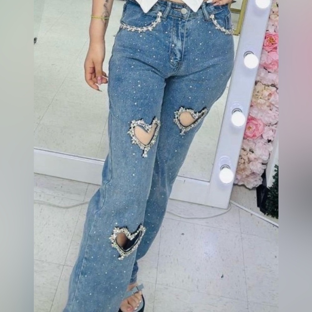 Stylish Rhinestone and Hearts High Rise Jean - Size Medium
